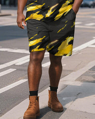 Big & Tall Men's Business Black Stroke Graffiti Print Short Sleeve Polo Shirt Shorts Suit