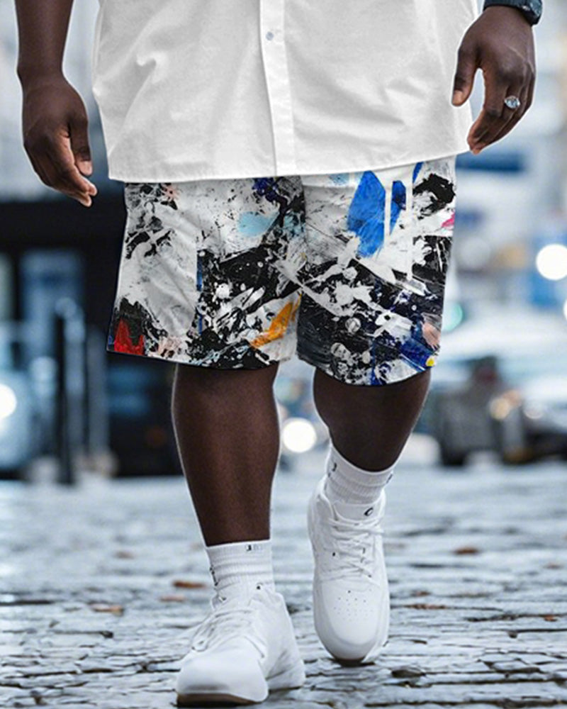 Men's Plus Size Street Fashion White Graffiti Respect Alphabet Print Shirt Shorts Suit