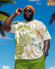 Big & Tall Men's Hawaiian Green Floral Graffiti Print Round Neck Short Sleeve T-Shirt Shorts Suit