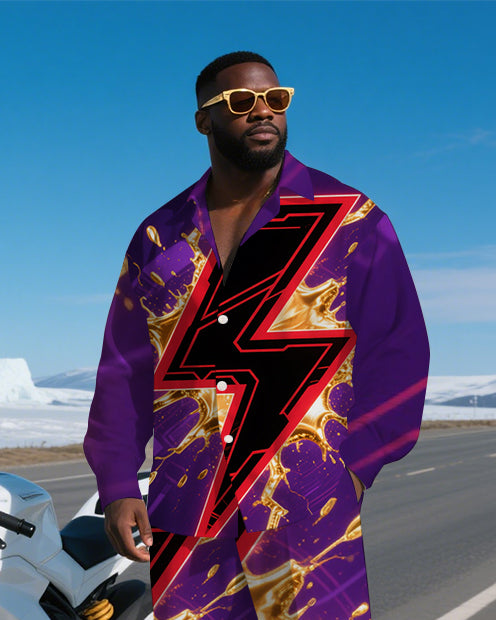 Big Men's Daily Casual Bursting Lightning Abstract Printed Long Sleeve Shirt Pants 2-Piece Set