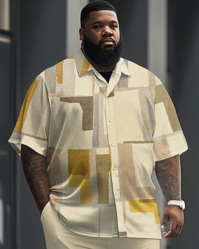 Big & Tall Guy's Simple Geometric Block Print Short Sleeve Shirt Set