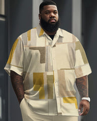 Big & Tall Guy's Simple Geometric Block Print Short Sleeve Shirt Set