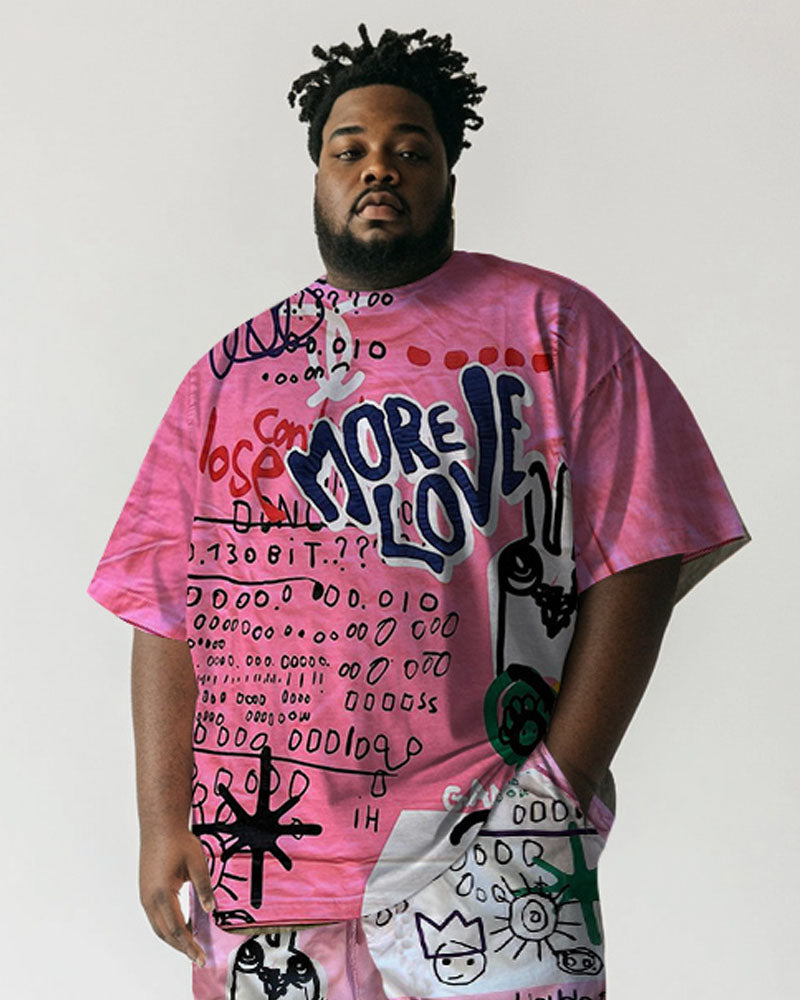 Men's Plus Size Street Pink Graffiti Print Short Sleeve T-Shirt Shorts Suit