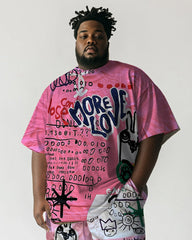 Men's Plus Size Street Pink Graffiti Print Short Sleeve T-Shirt Shorts Suit