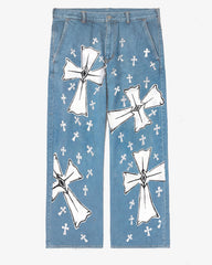 Plus Size Boys 2025 Fashion Street Creative Small Large Cross Print Jeans