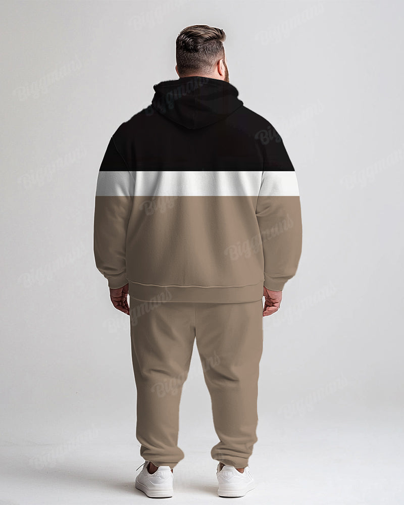 Men's Daily Casual Khaki Colorblock Striped Letter Print Plus Size Hoodie Suit