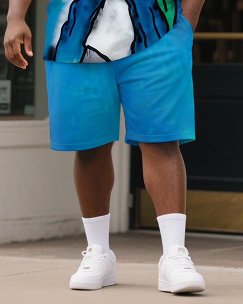 Big & Tall Men's Blue Cartoon Graffiti Print Round Neck Short Sleeve T-Shirt Shorts Suit