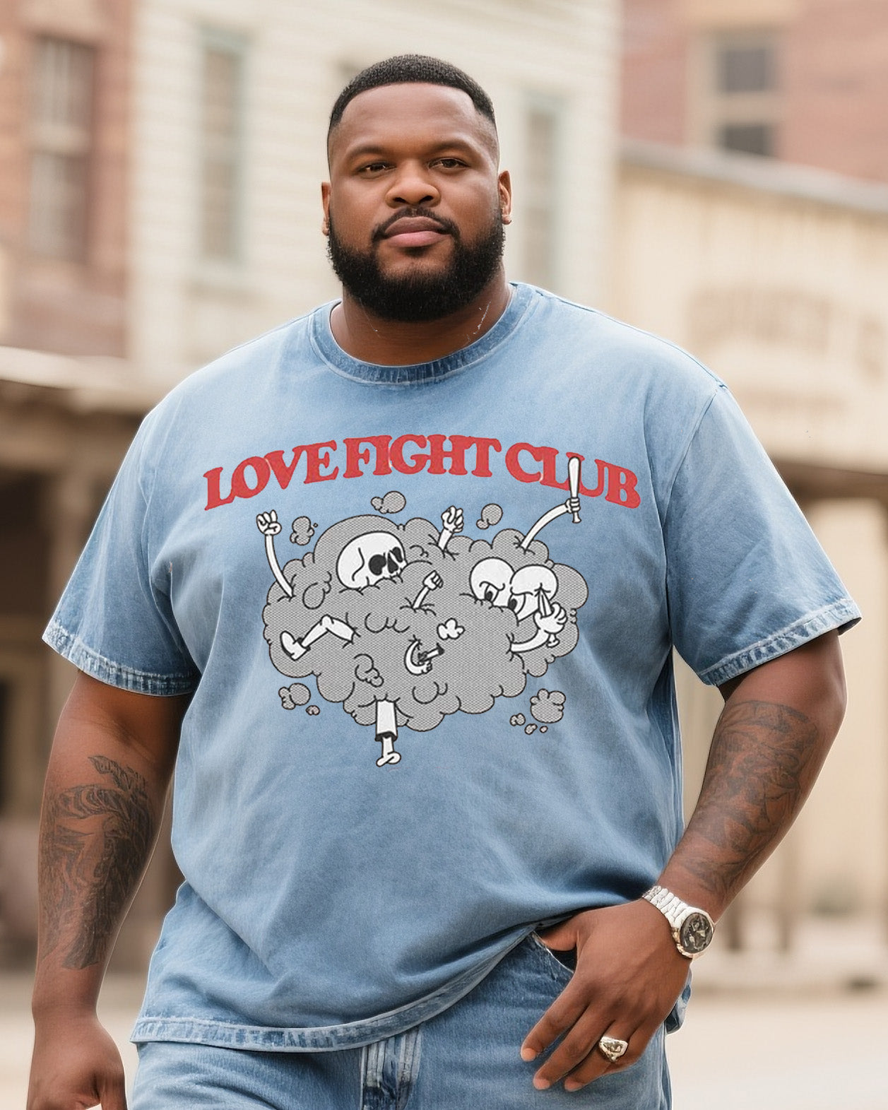 Big Shit Fashion Street Skull Battle Print Short Sleeve Shorts Denim Suit