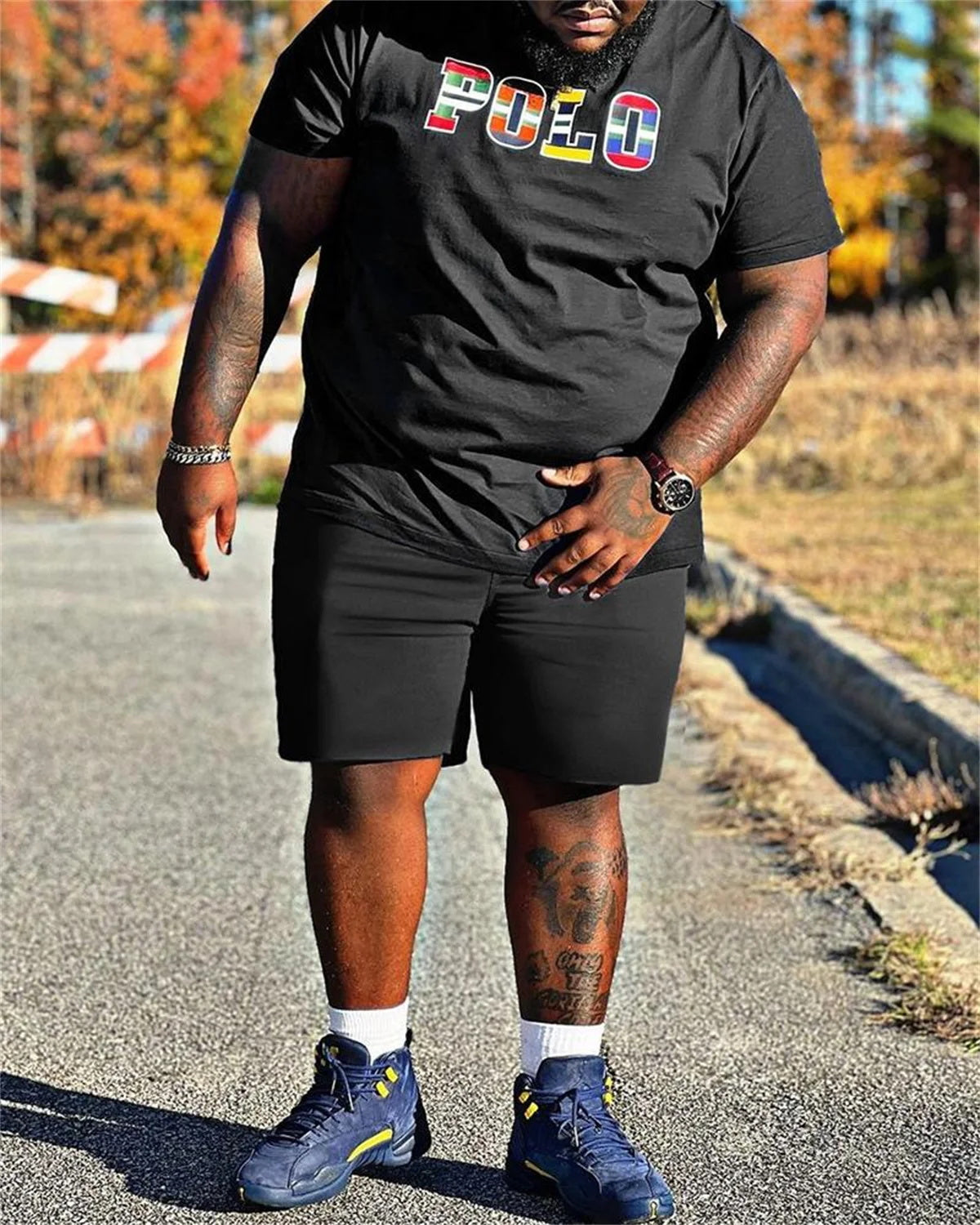 Big & Tall Men's Letter Color Striped Color-matching Printed Crewneck Short-sleeve T-shirt Shorts Set