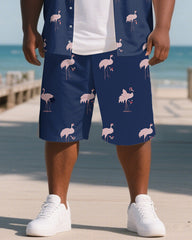Men's Big and Tall Outdoor Hawaiian Style Crane Printed Short Sleeve Shirt Shorts 2-Piece Set