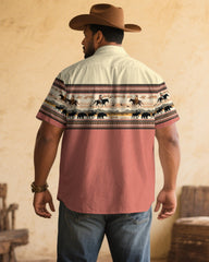 Men's Plus Size Pink & Apricot Western Denim Cotton Blend Short Sleeve Shirt