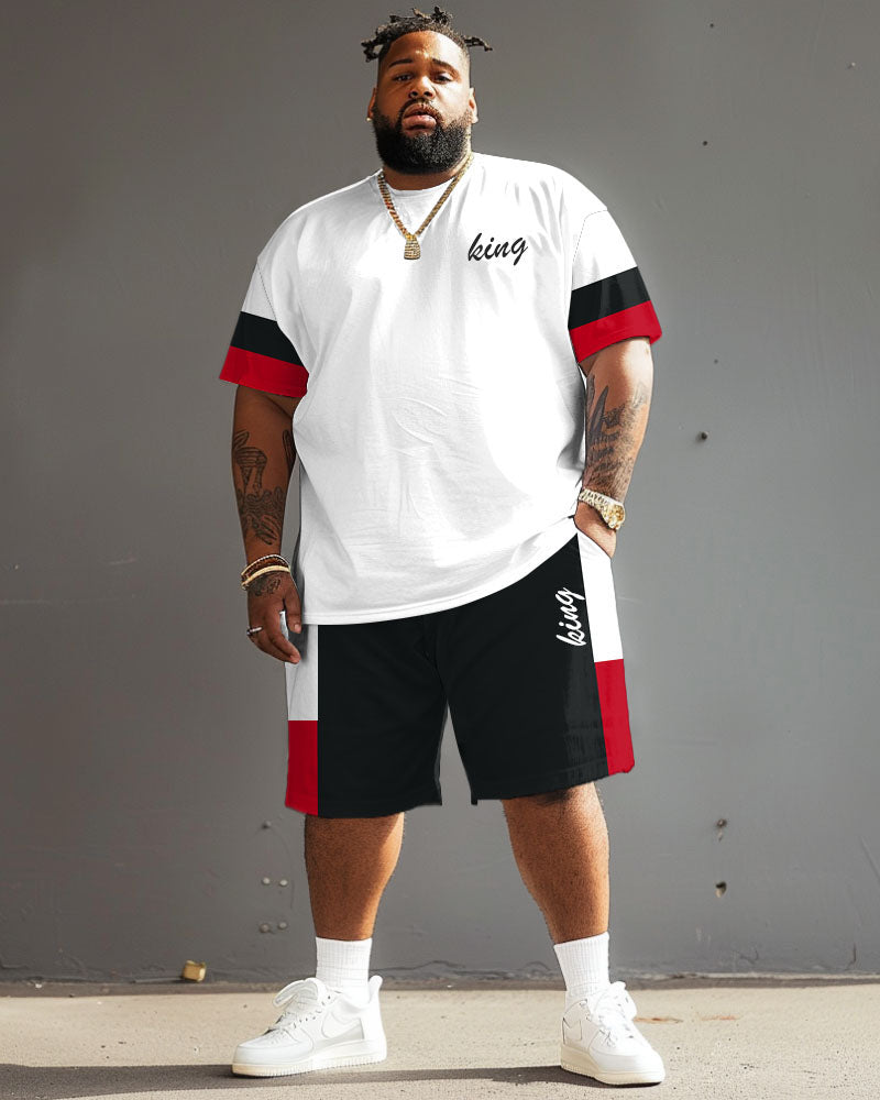 Big Guys Casual Simple Red And Black Color Block King Printed T-Shirt Shorts Set