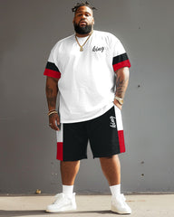 Big Guys Casual Simple Red And Black Color Block King Printed T-Shirt Shorts Set