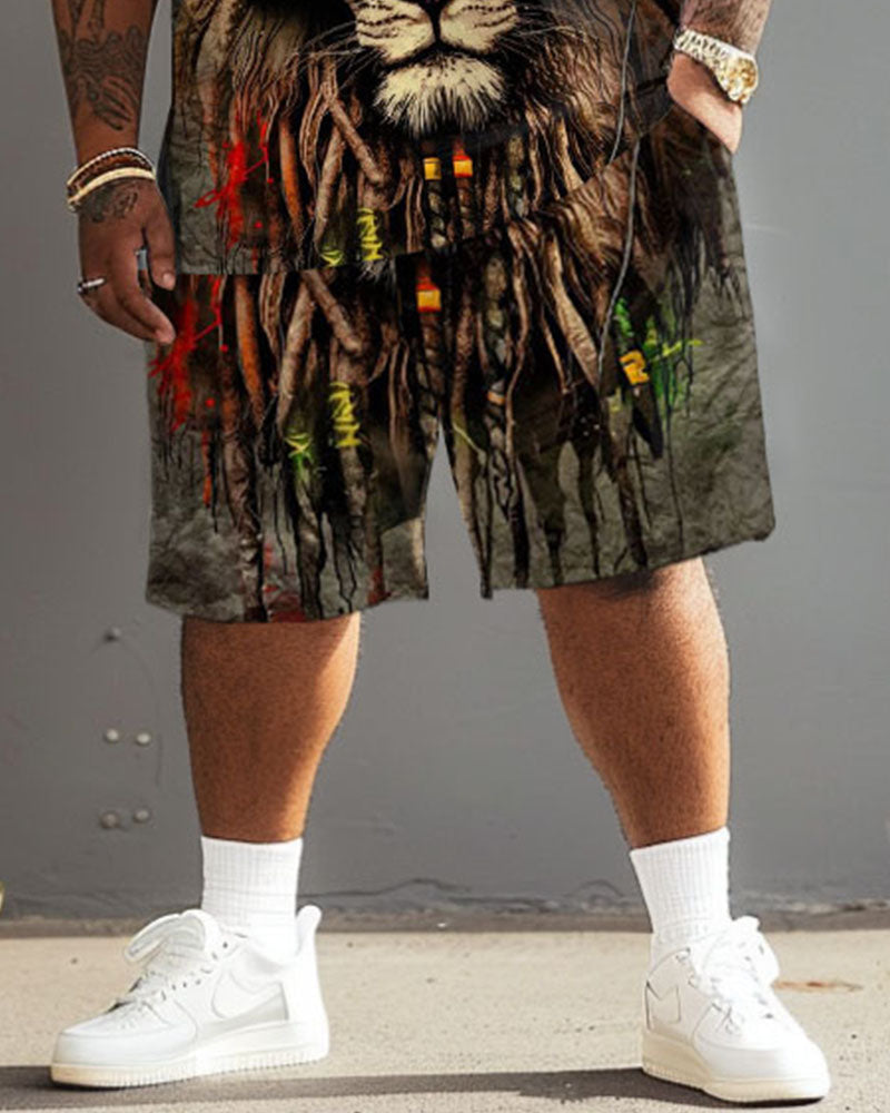 Men Plus Size Street Fashion Graffiti Lion Print T-Shirt Shorts Set