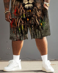 Men Plus Size Street Fashion Graffiti Lion Print T-Shirt Shorts Set