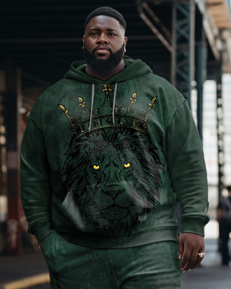 Men's Big and Tall Casual Hip Hop Green Lion Hoodie Two Piece Set