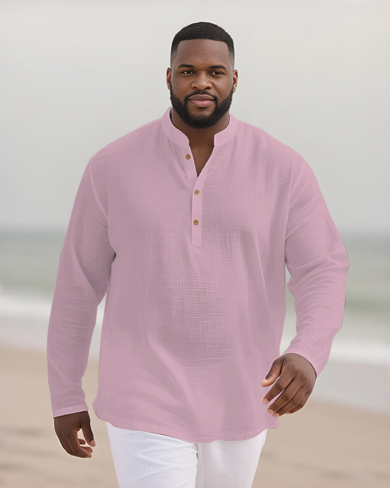 Big & Tall Men's Everyday Solid Color Bamboo Hemp Texture Henry Collar Long Sleeve Shirt
