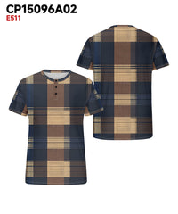 Men's Plus Size Casual Daily Retro Blue Plaid Print Henry Collar Button Short Sleeve T-Shirt