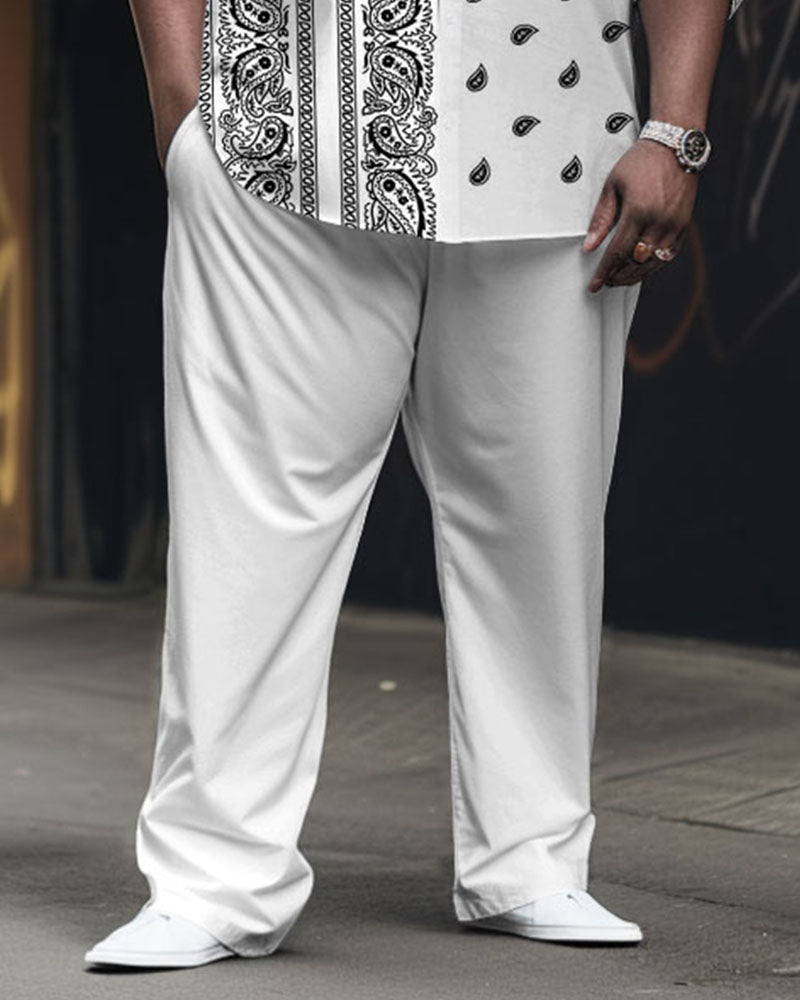 Men's Plus Size Street Fashion White Vintage Cashew Pattern Long Sleeve Shirt Trousers Suit