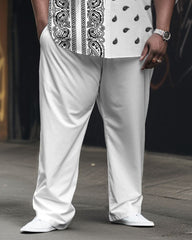 Men's Plus Size Street Fashion White Vintage Cashew Pattern Long Sleeve Shirt Trousers Suit
