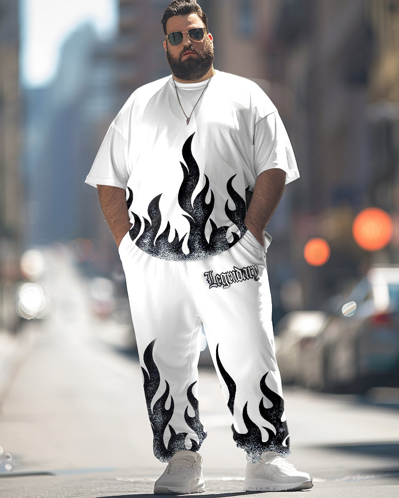 Flame Print T-Shirt Trousers Suit Men's Large