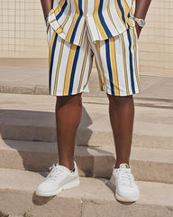Big Man's Retro Daily Casual Yellow White Blue Stripe Color Block Printing Short Sleeve Shirt Shorts Suit