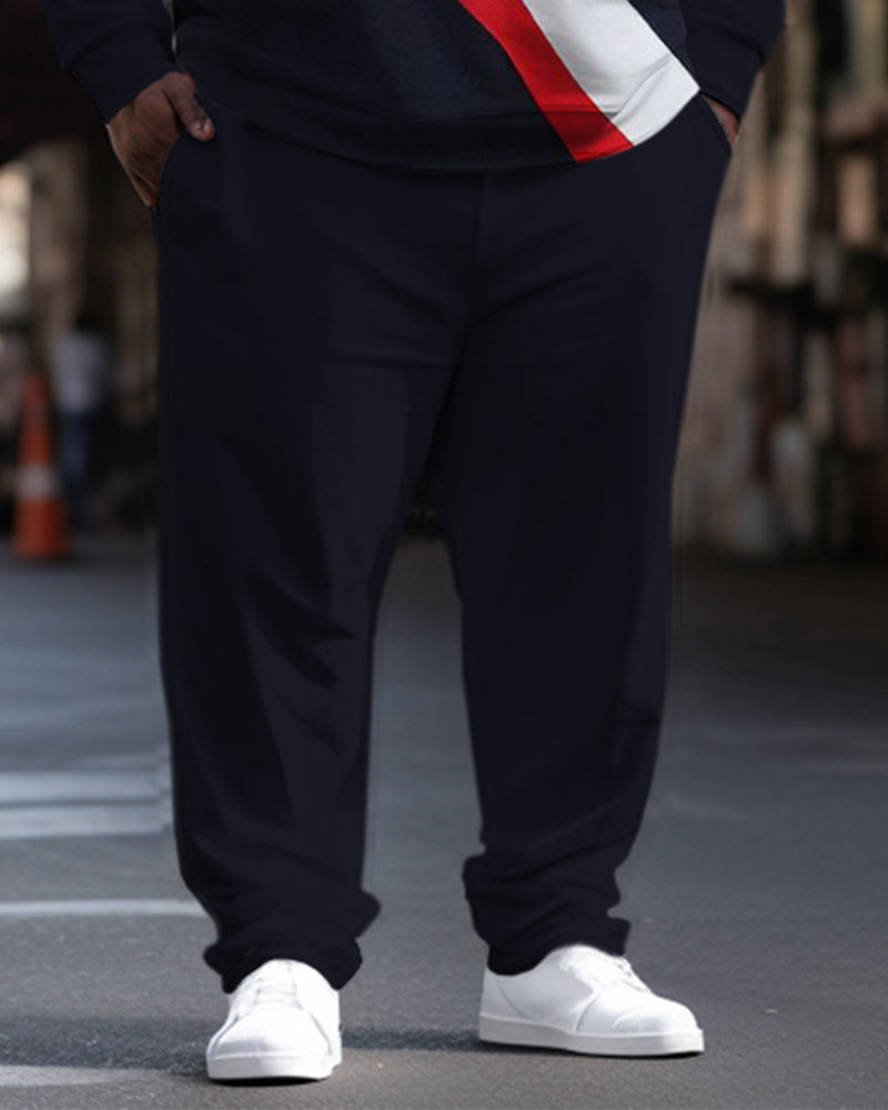 Men's Large Size Casual Diagonal Strip Color Block Long Sleeve Hoodie Sports Two-piece Suit