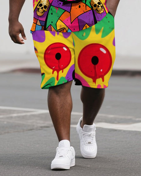 Big Men's Hip Hop Style Cartoon Bear Printed Casual Short-Sleeve Polo Shirt Shorts Set