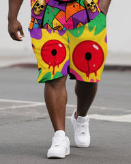 Big Men's Hip Hop Style Cartoon Bear Printed Casual Short-Sleeve Polo Shirt Shorts Set