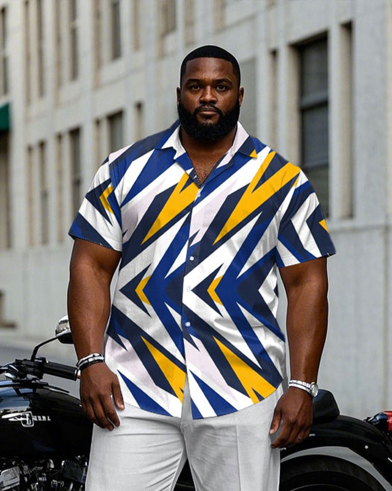 Men's Plus Size White & Blue & Yellow & Geometric Business Daily Casual Short Sleeve Shirt Trousers Suit
