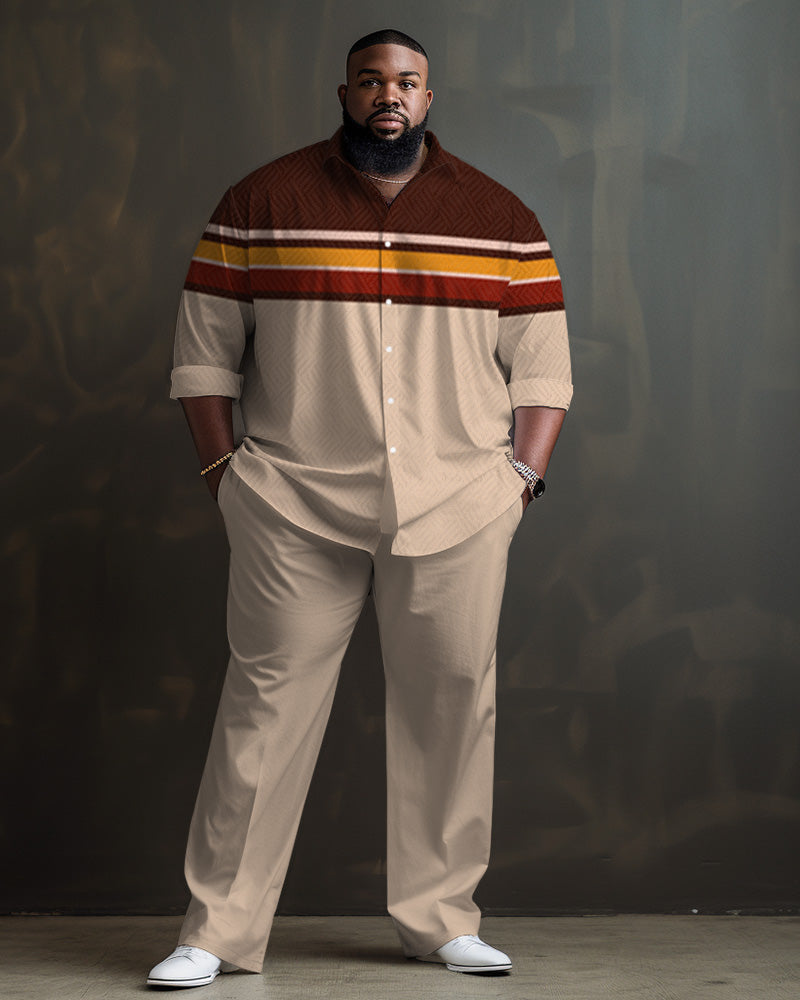 Men's Big & Tall Simple Stripes with Contrasting Colors Long Sleeve Lapel Shirt Set
