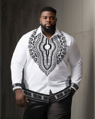 Men's Classic Casual Plus Size White Thousand Needle Long Sleeve Lapel Shirt