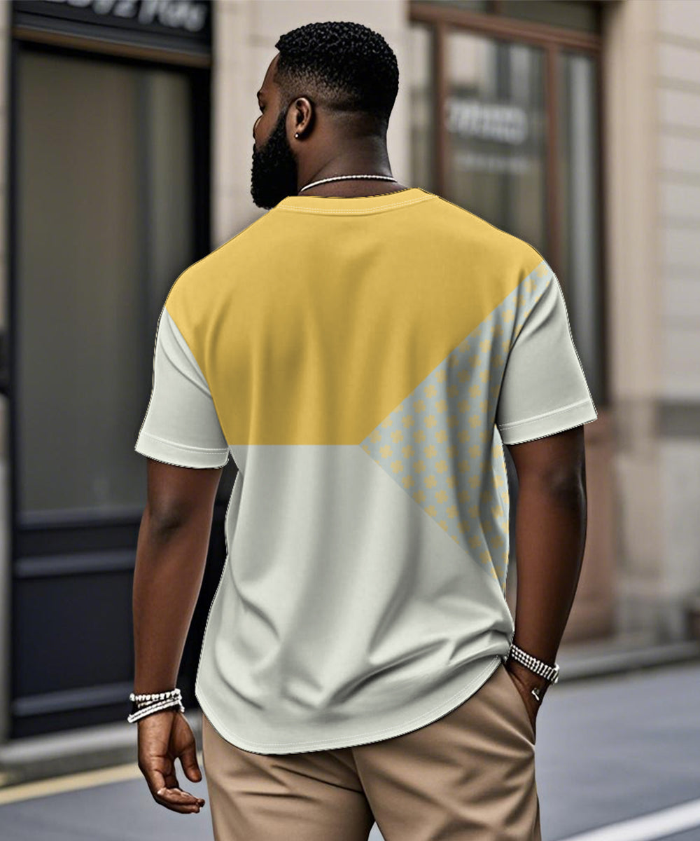 Men's Plus Size Daily Casual Yellow Patchwork Geometric Print Henry Collar Button Short Sleeve T-Shirt