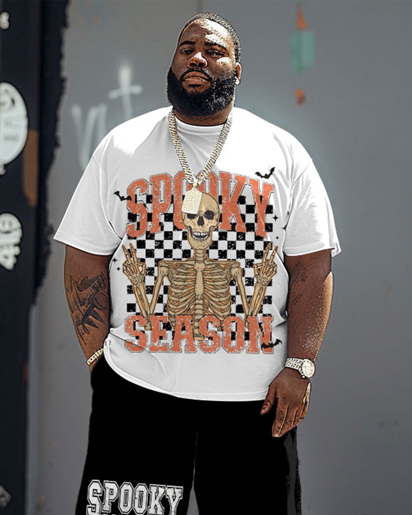 Men's Plus Size Spooky Season Checkerboard Print T-Shirt Shorts Suit
