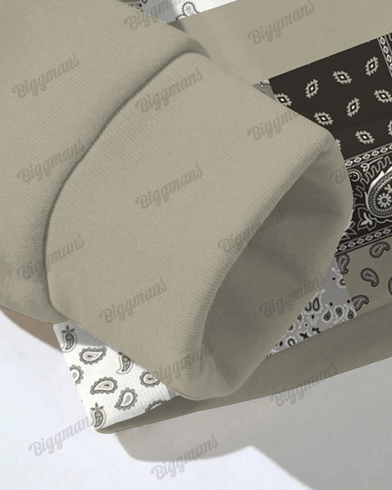 Men's Street Fashion Versatile Simple Paisley Patching Printed Plus Size Hoodie Set