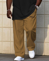 Men's Plus Size Summer Khaki & Black Striped Chest Small Label Printed Short Sleeve T-Shirt Trousers Suit