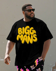 Men's Plus Size Street Graffiti Black Fun BIGGMANS Letter Print Round Neck Short Sleeve T-Shirt Shorts Suit