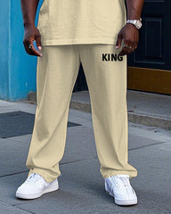 Big Men's Casual Color Block Splicing Style KING Letter Printed Short Sleeve T-shirt Pants Set