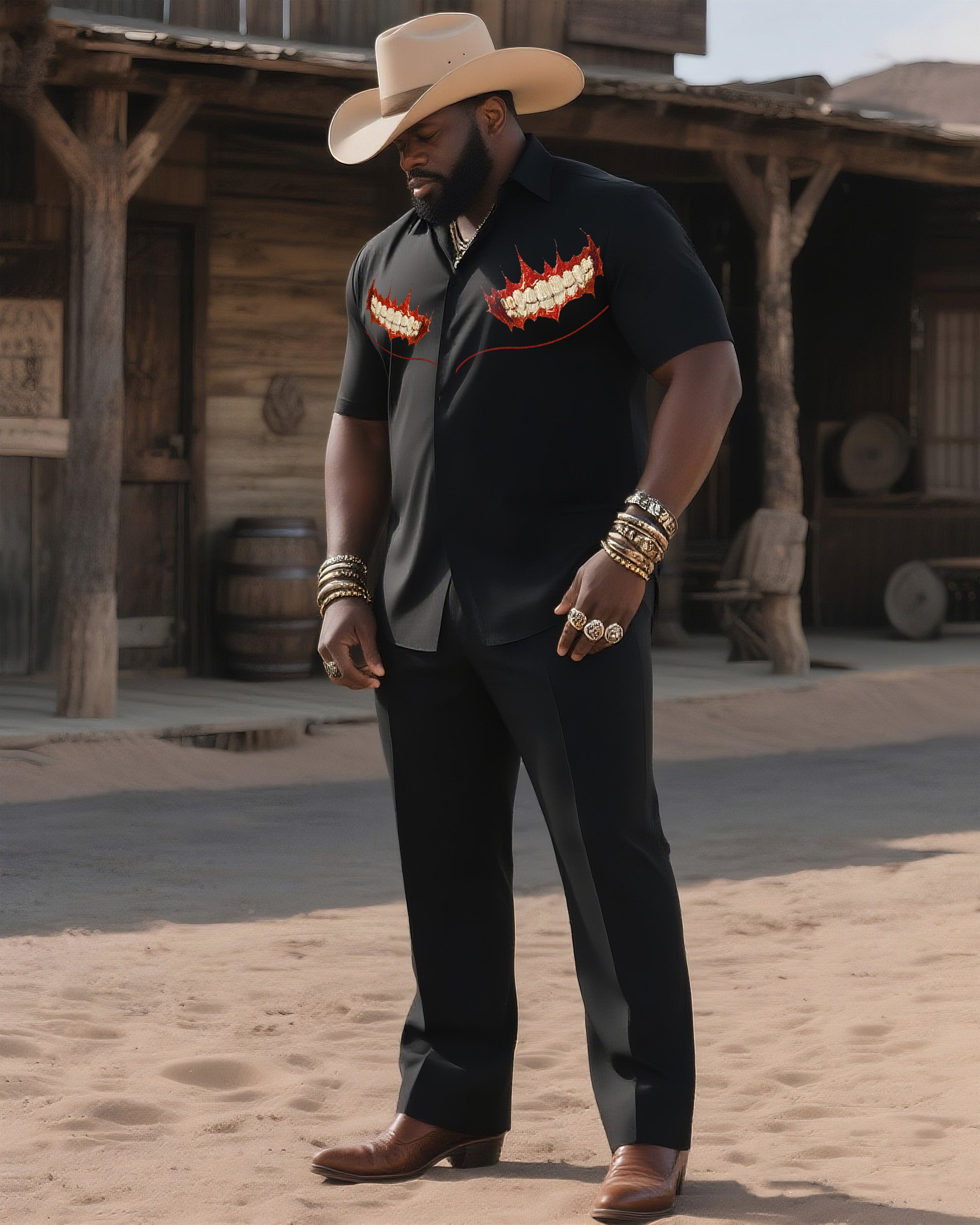 Big & Tall Men's Western Style Casual Teeth Mouth Print-Black Short Sleeve Shirt Pants Suit