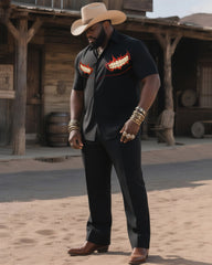 Big & Tall Men's Western Style Casual Teeth Mouth Print-Black Short Sleeve Shirt Pants Suit