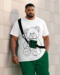 Men's Plus Size Green & White Teddy Bear Crossbody Bag Short Sleeve T-Shirt Trousers Suit