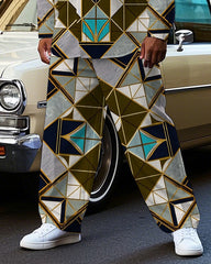 Men's Big & Tall Vintage Geometric Square Printed Outdoor Casual Long Sleeve Shirt Pants Set