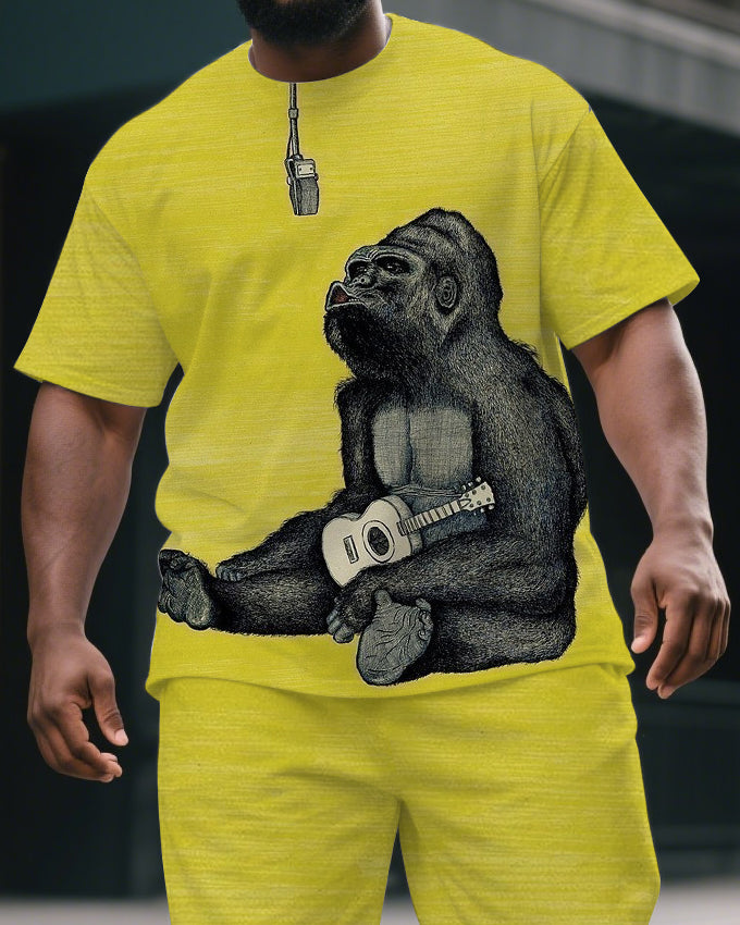 Men's Hip Hop Simple Gorillas Singer Print Casual Big & Tall Short-Sleeve T-shirt & Short Set