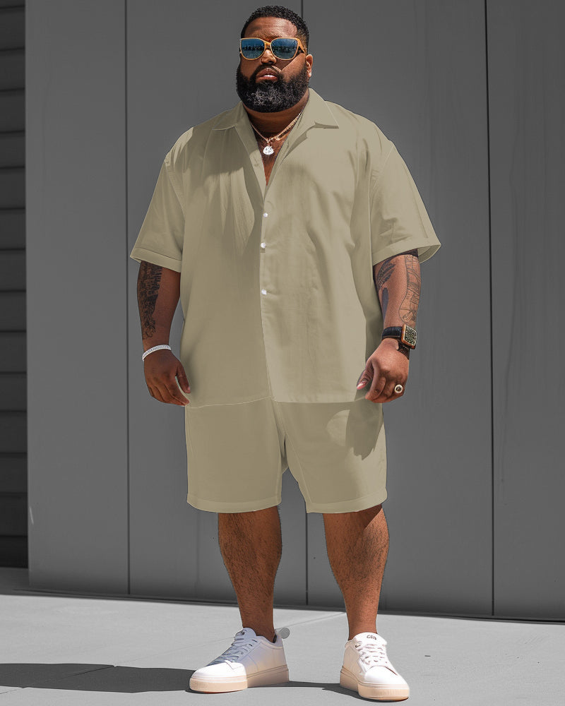 Simple Khaki Solid Color Big Men Short Sleeve Shirt Shorts Set