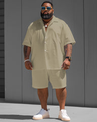 Simple Khaki Solid Color Big Men Short Sleeve Shirt Shorts Set