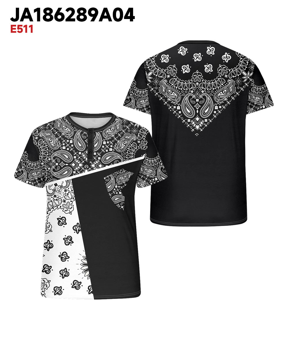 Men's Plus Size Daily Casual Paisley Colorblock Print Henry Collar Button Short Sleeve T-Shirt