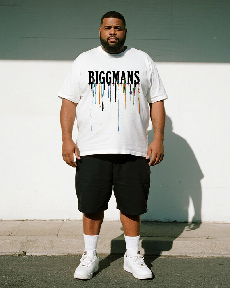 Big & Tall Men's Colorful Graffiti BIGGMANS Alphabet Print Round Neck Short Sleeve T-Shirt Shorts Suit