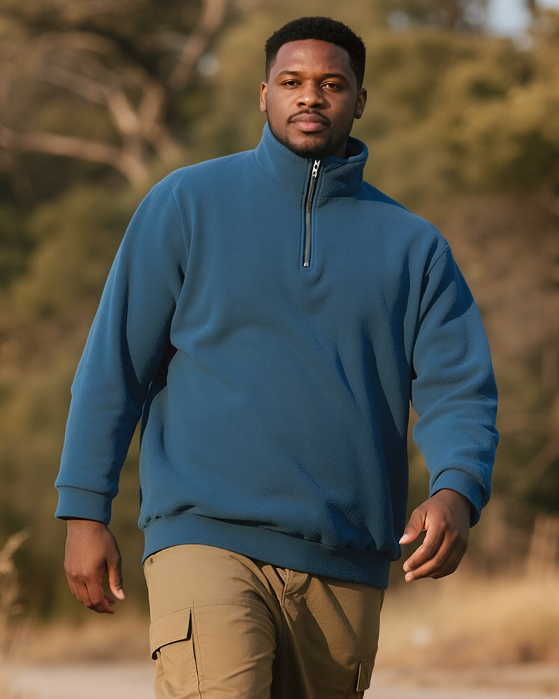 Big & Tall Men's Blue-Fall/Winter Solid Color Polar Fleece Fabric Metal Zipper Collar POLO Long Sleeve