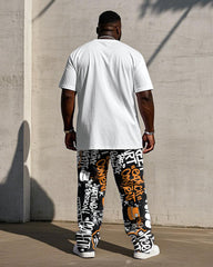 Men's Big & Tall Street Graffiti Design "B" Stereoscopic Projection Printing Short Sleeve T-Shirt Trousers Set
