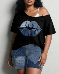 Women's Plus Size Daily Casual Lips Denim Print Short Sleeve Shorts Suit